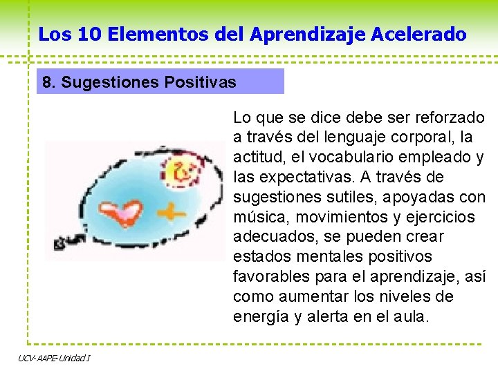 Los 10 Elementos del Aprendizaje Acelerado 8. Sugestiones Positivas Lo que se dice debe