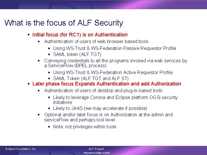 What is the focus of ALF Security § Initial focus (for RC 1) is