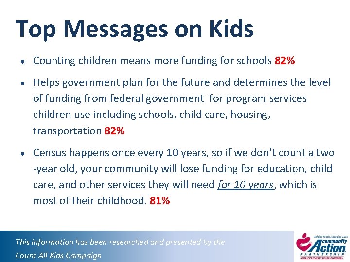 Top Messages on Kids ● Counting children means more funding for schools 82% ●