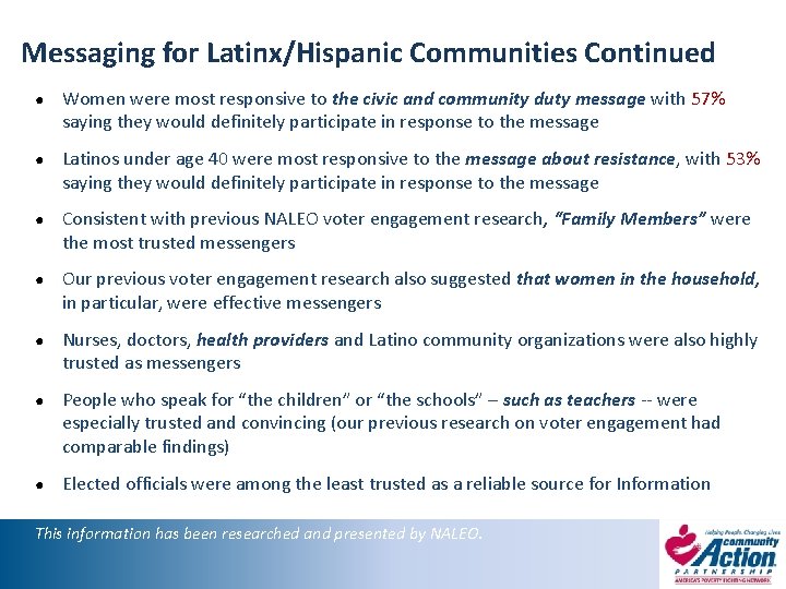 Messaging for Latinx/Hispanic Communities Continued ● Women were most responsive to the civic and