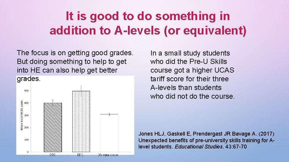 It is good to do something in addition to A-levels (or equivalent) The focus