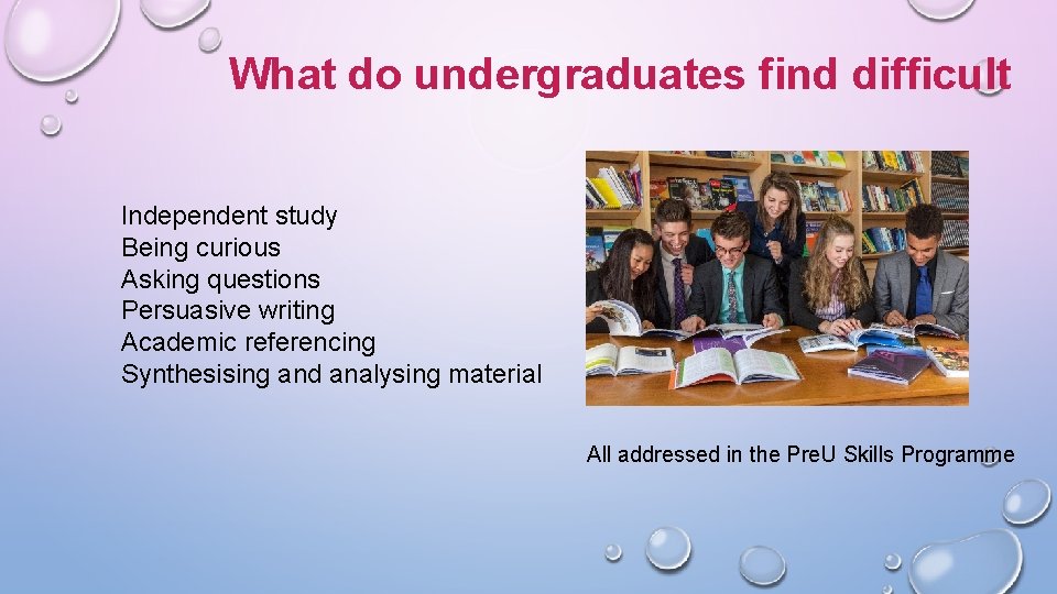 What do undergraduates find difficult Independent study Being curious Asking questions Persuasive writing Academic