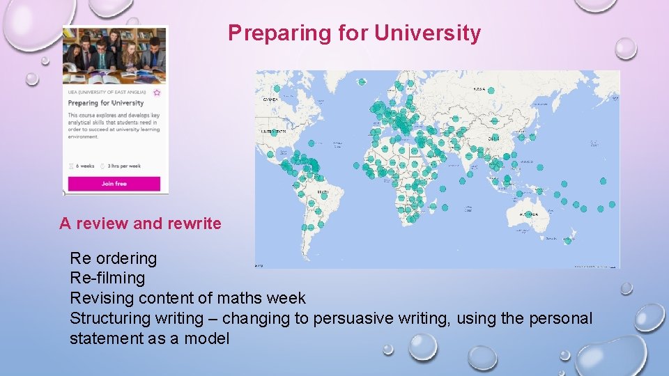 Preparing for University A review and rewrite Re ordering Re-filming Revising content of maths