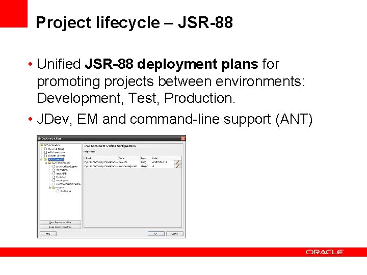 Project lifecycle – JSR-88 • Unified JSR-88 deployment plans for promoting projects between environments: