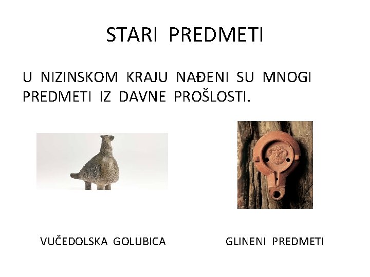 STARI PREDMETI U NIZINSKOM KRAJU NAĐENI SU MNOGI PREDMETI IZ DAVNE PROŠLOSTI. VUČEDOLSKA GOLUBICA