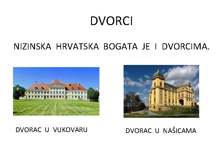 DVORCI NIZINSKA HRVATSKA BOGATA JE I DVORCIMA. DVORAC U VUKOVARU DVORAC U NAŠICAMA 