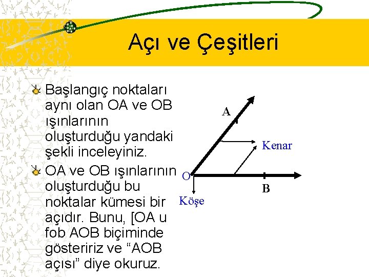 Açı ve Çeşitleri Başlangıç noktaları aynı olan OA ve OB ışınlarının oluşturduğu yandaki şekli