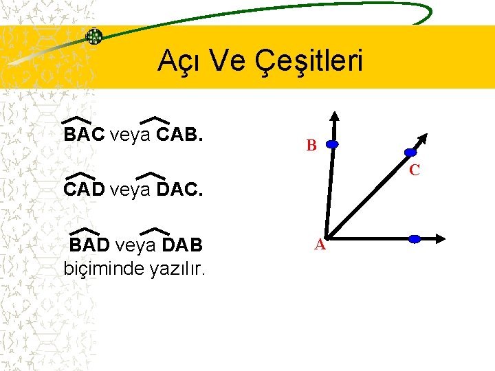 Açı Ve Çeşitleri BAC veya CAB. B C CAD veya DAC. BAD veya DAB