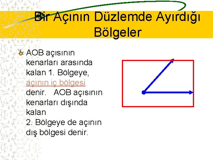 Bir Açının Düzlemde Ayırdığı Bölgeler AOB açısının kenarları arasında kalan 1. Bölgeye, açının iç
