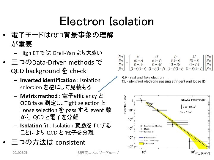 Electron Isolation • 電子モードはQCD背景事象の理解 が重要 – High ET では Drell-Yan より大きい • 三つのData-Driven methods