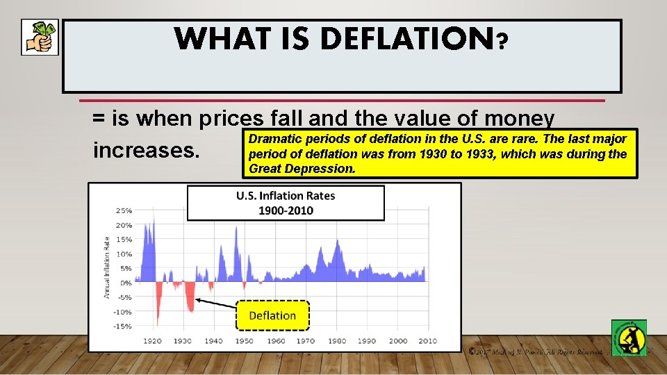 WHAT IS DEFLATION? = is when prices fall and the value of money Dramatic