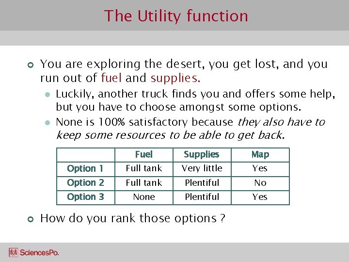 The Utility function ¢ You are exploring the desert, you get lost, and you