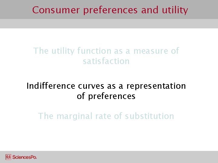 Consumer preferences and utility The utility function as a measure of satisfaction Indifference curves