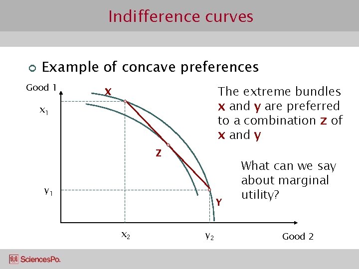 Indifference curves ¢ Example of concave preferences Good 1 The extreme bundles x and