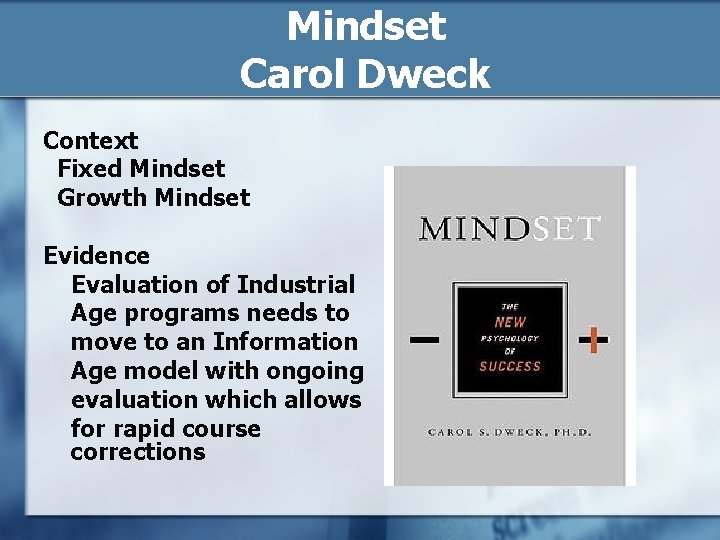 Mindset Carol Dweck Context Fixed Mindset Growth Mindset Evidence Evaluation of Industrial Age programs