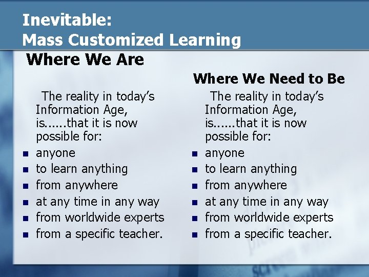 Inevitable: Mass Customized Learning Where We Are Where We Need to Be n n