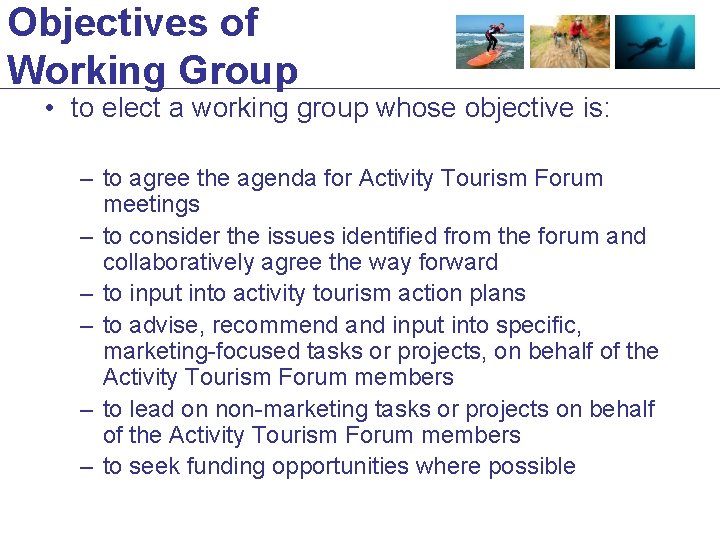 Objectives of Working Group • to elect a working group whose objective is: –