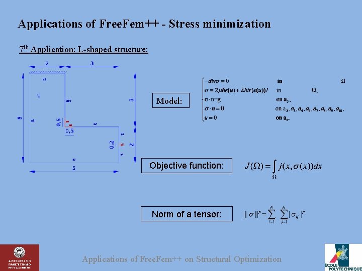 Applications of Free. Fem++ - Stress minimization 7 th Application: L-shaped structure: Model: Objective