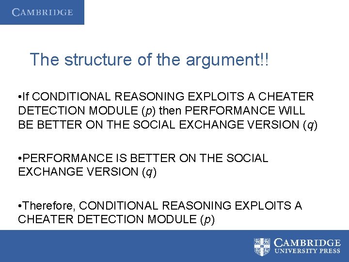 The structure of the argument!! • If CONDITIONAL REASONING EXPLOITS A CHEATER DETECTION MODULE
