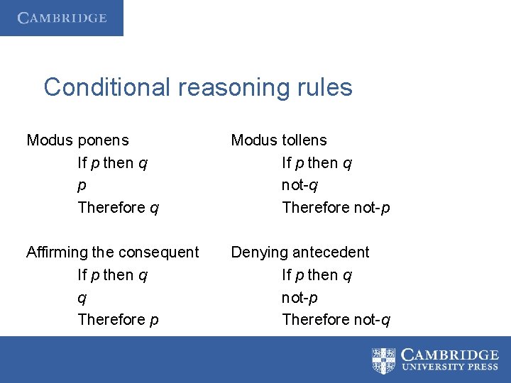 Conditional reasoning rules Modus ponens If p then q p Therefore q Modus tollens