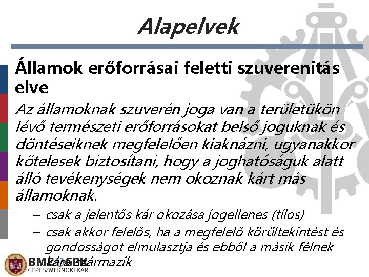 Alapelvek Államok erőforrásai feletti szuverenitás elve Az államoknak szuverén joga van a területükön lévő