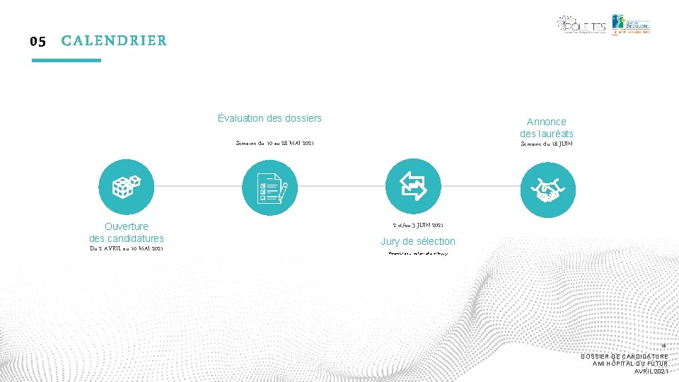 05 CALENDRIER Évaluation des dossiers Annonce des lauréats Semaine du 10 au 28 MAI