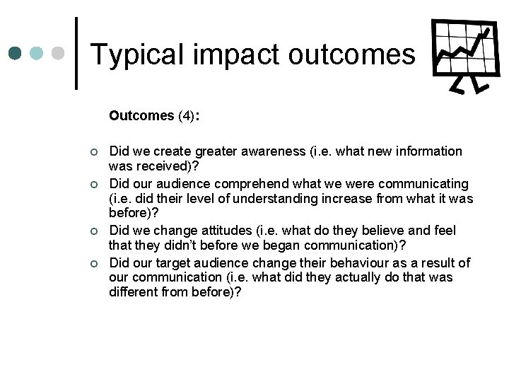 Typical impact outcomes Outcomes (4): ¢ ¢ Did we create greater awareness (i. e.