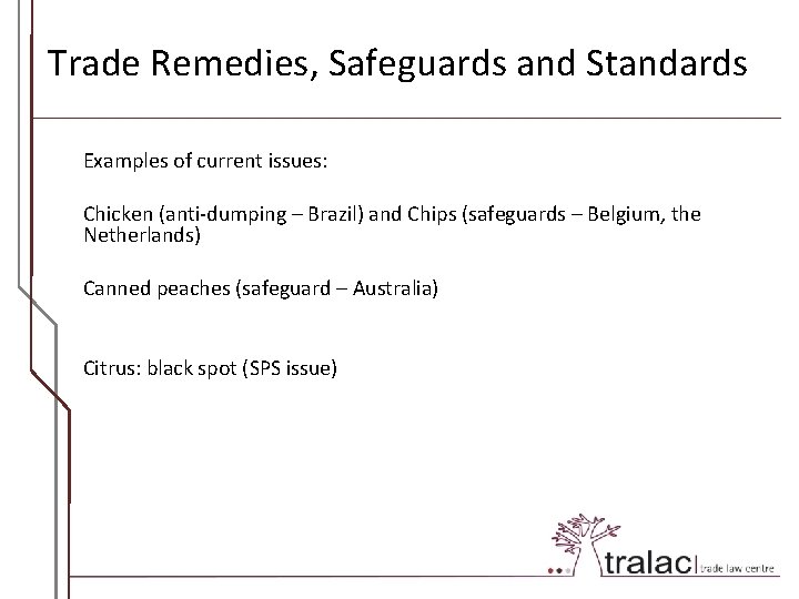 Trade Remedies, Safeguards and Standards Examples of current issues: Chicken (anti-dumping – Brazil) and