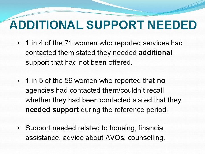 ADDITIONAL SUPPORT NEEDED • 1 in 4 of the 71 women who reported services