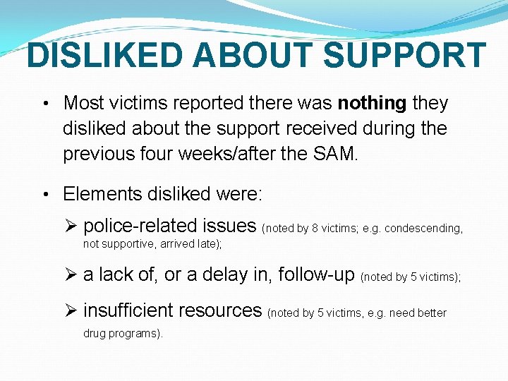 DISLIKED ABOUT SUPPORT • Most victims reported there was nothing they disliked about the