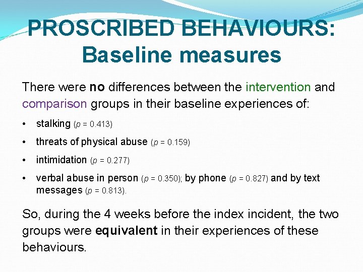 PROSCRIBED BEHAVIOURS: Baseline measures There were no differences between the intervention and comparison groups PROSCRIBED BEHAVIOURS: Baseline measures There were no differences between the intervention and comparison groups