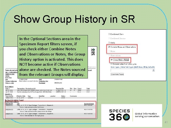 Show Group History in SR In the Optional Sections area in the Specimen Report