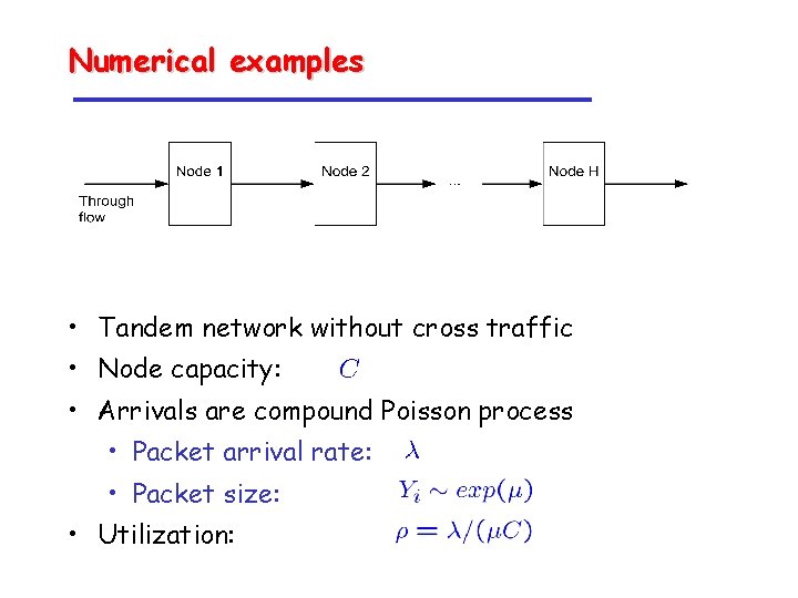 Numerical examples • Tandem network without cross traffic • Node capacity: • Arrivals are