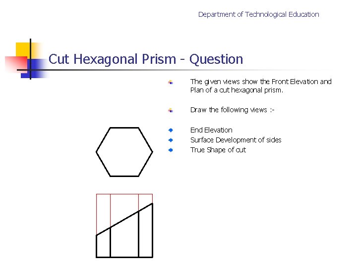 Department of Technological Education Cut Hexagonal Prism - Question The given views show the