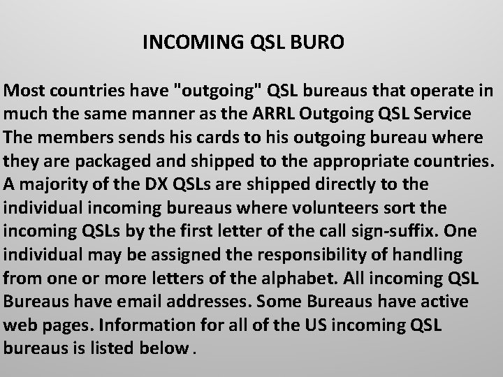 INCOMING QSL BURO Most countries have "outgoing" QSL bureaus that operate in much the