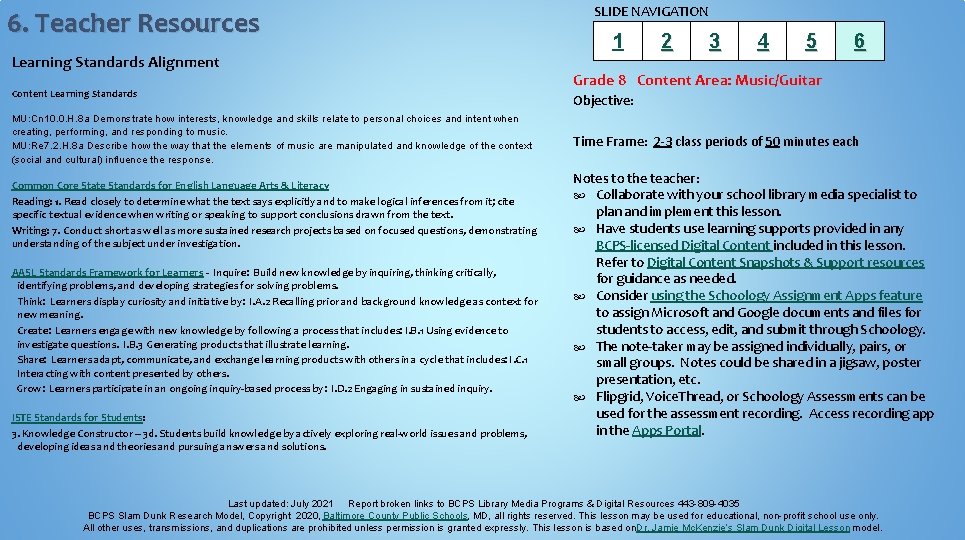 6. Teacher Resources Learning Standards Alignment Content Learning Standards MU: Cn 10. 0. H.