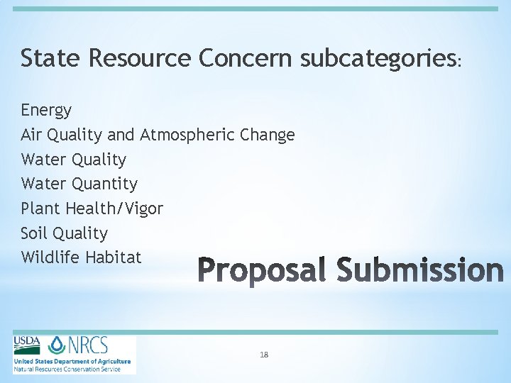 State Resource Concern subcategories: Energy Air Quality and Atmospheric Change Water Quality Water Quantity