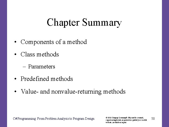 Chapter Summary • Components of a method • Class methods – Parameters • Predefined Chapter Summary • Components of a method • Class methods – Parameters • Predefined