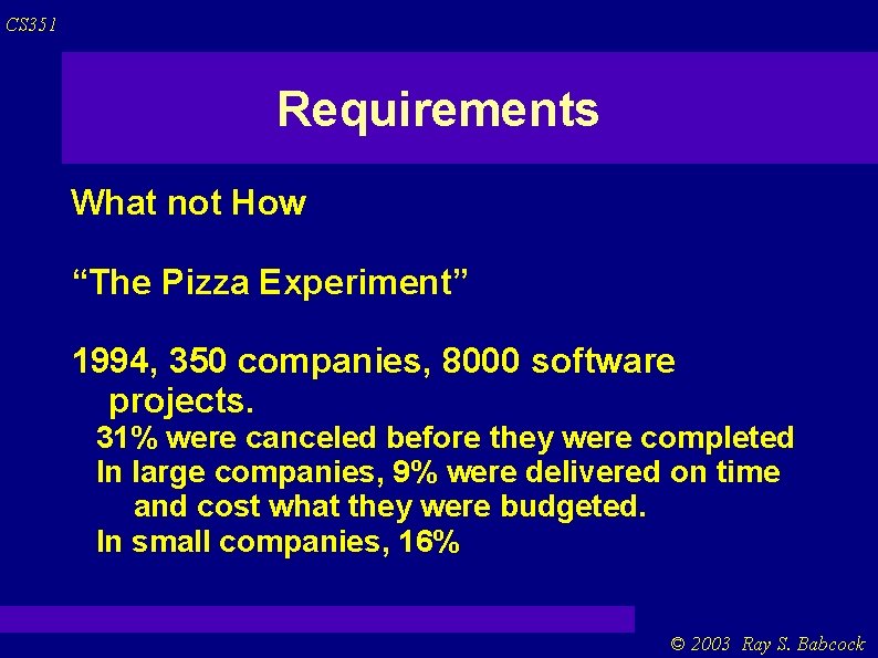 CS 351 Requirements What not How “The Pizza Experiment” 1994, 350 companies, 8000 software CS 351 Requirements What not How “The Pizza Experiment” 1994, 350 companies, 8000 software