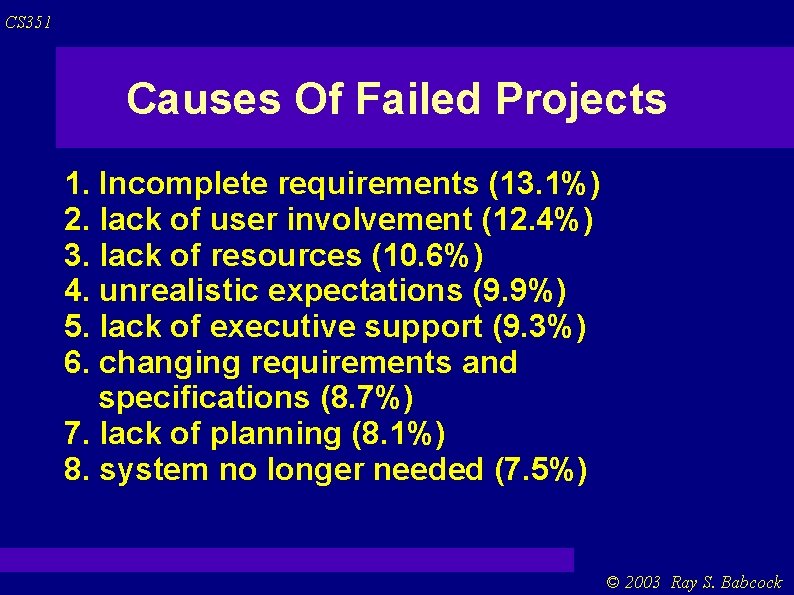 CS 351 Causes Of Failed Projects 1. Incomplete requirements (13. 1%) 2. lack of CS 351 Causes Of Failed Projects 1. Incomplete requirements (13. 1%) 2. lack of