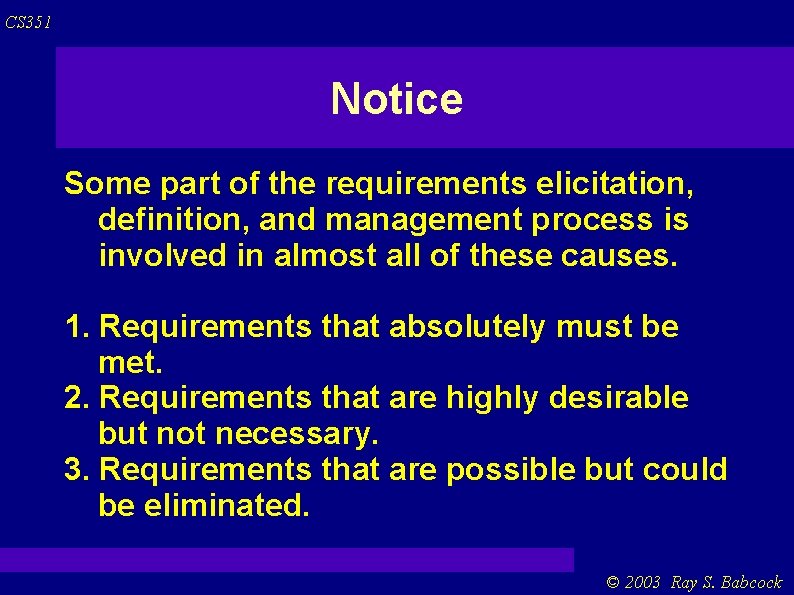 CS 351 Notice Some part of the requirements elicitation, definition, and management process is CS 351 Notice Some part of the requirements elicitation, definition, and management process is