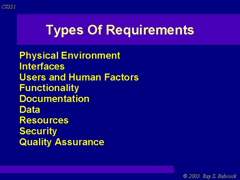 CS 351 Types Of Requirements Physical Environment Interfaces Users and Human Factors Functionality Documentation CS 351 Types Of Requirements Physical Environment Interfaces Users and Human Factors Functionality Documentation