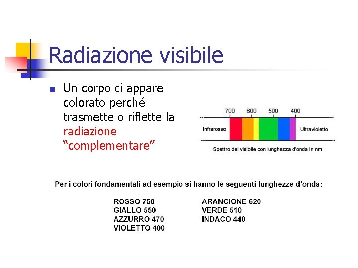 Radiazione visibile n Un corpo ci appare colorato perché trasmette o riflette la radiazione