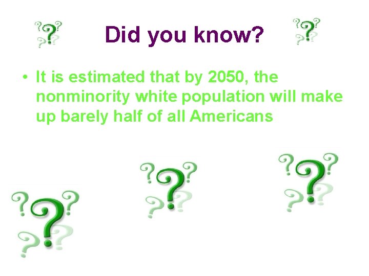 Did you know? • It is estimated that by 2050, the nonminority white population