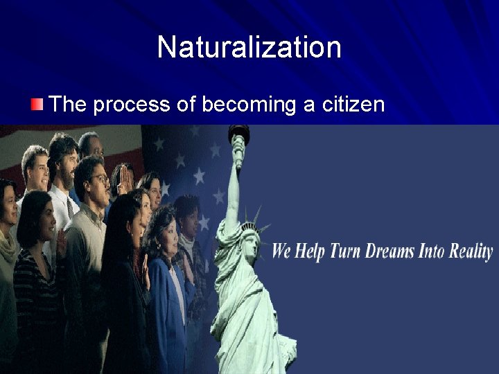Naturalization The process of becoming a citizen 
