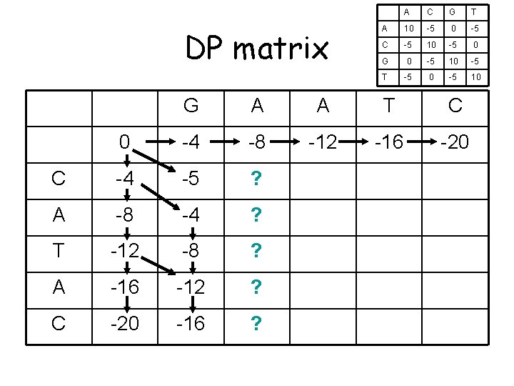 DP matrix A C G T A 10 -5 C -5 10 -5 0