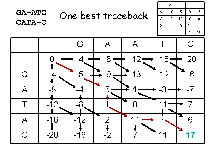 GA-ATC CATA-C One best traceback A C G T A 10 -5 C -5