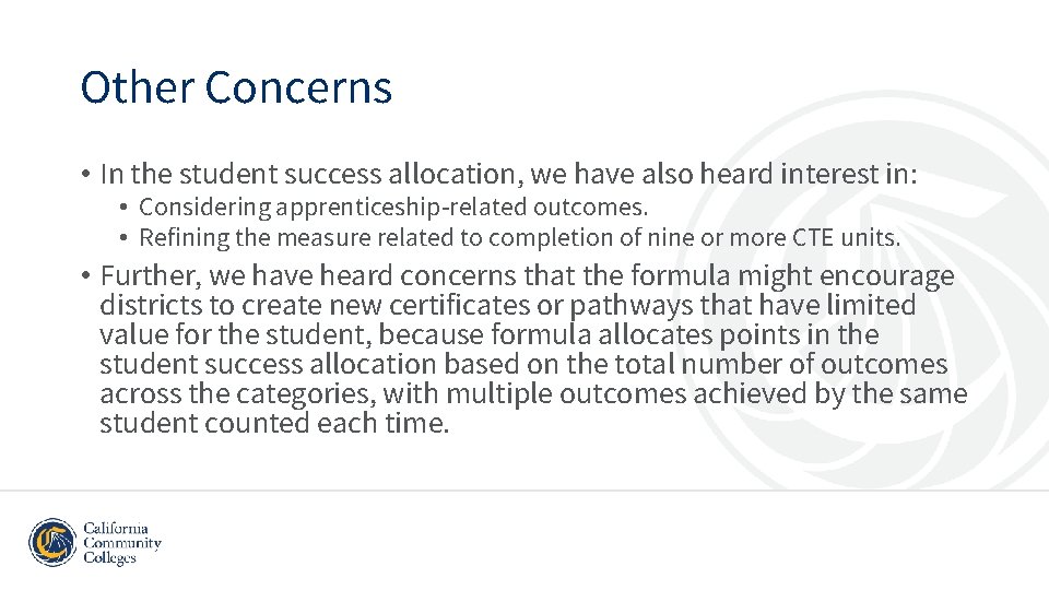 Other Concerns • In the student success allocation, we have also heard interest in: