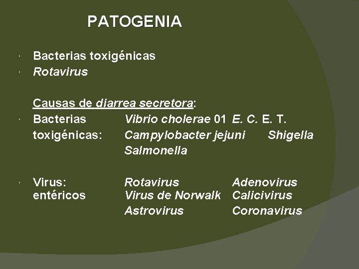 PATOGENIA Bacterias toxigénicas Rotavirus Causas de diarrea secretora: Bacterias Vibrio cholerae 01 E. C.