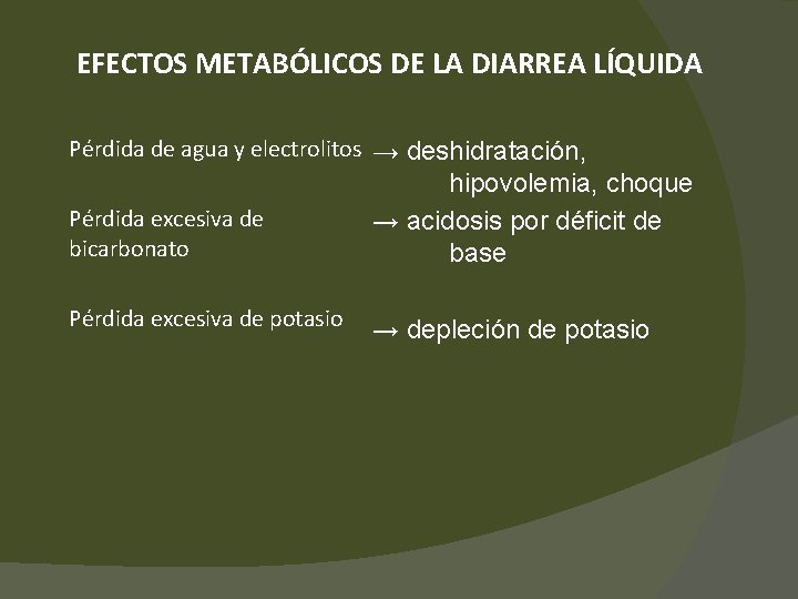 EFECTOS METABÓLICOS DE LA DIARREA LÍQUIDA Pérdida de agua y electrolitos → deshidratación, Pérdida